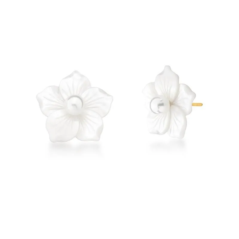 BRINCO BOTAO MADRE PEROLA REDONDO FLOR 29X28MM BAN. DOURADO /PEROLA BRANCA